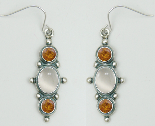 Sterling Silver Drop Dangle Earrings With White Moonstone And Amber